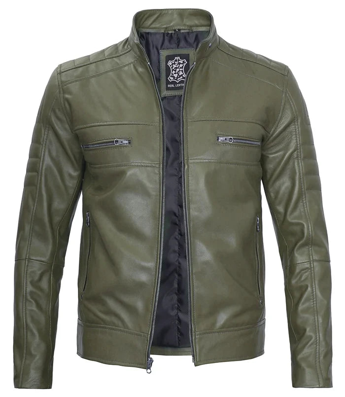 Café Racer Vert Foncé Véritable Veste en Cuir