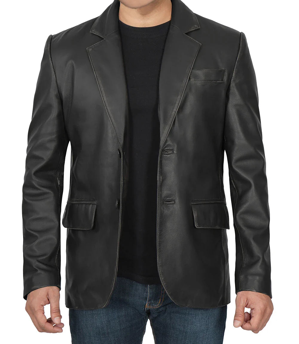 Blazer noir en cuir d'agneau véritable