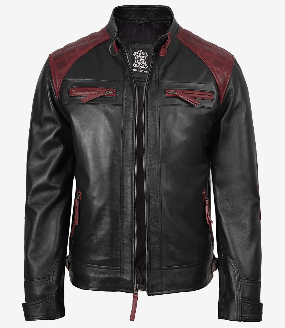 Blouson En Cuir Matelassé Noir Et Bordeaux Pour Homme