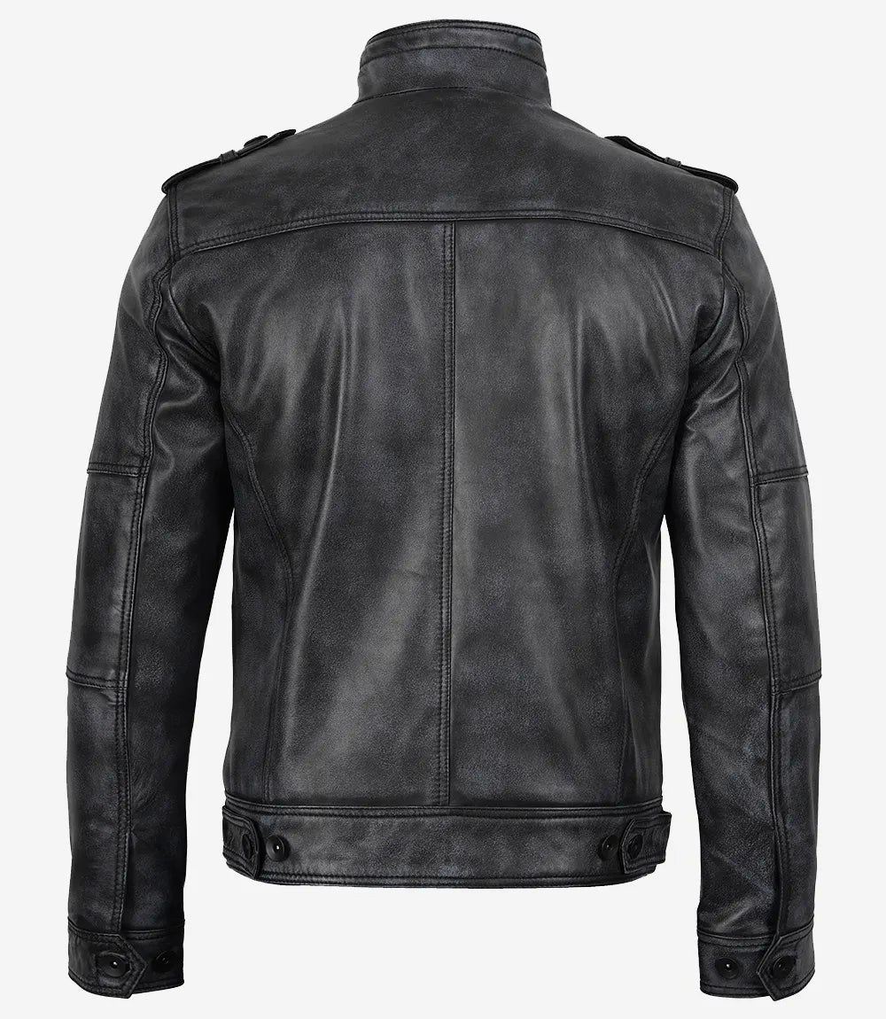 Veste De Motard En Cuir Noir Vieilli Pour Homme