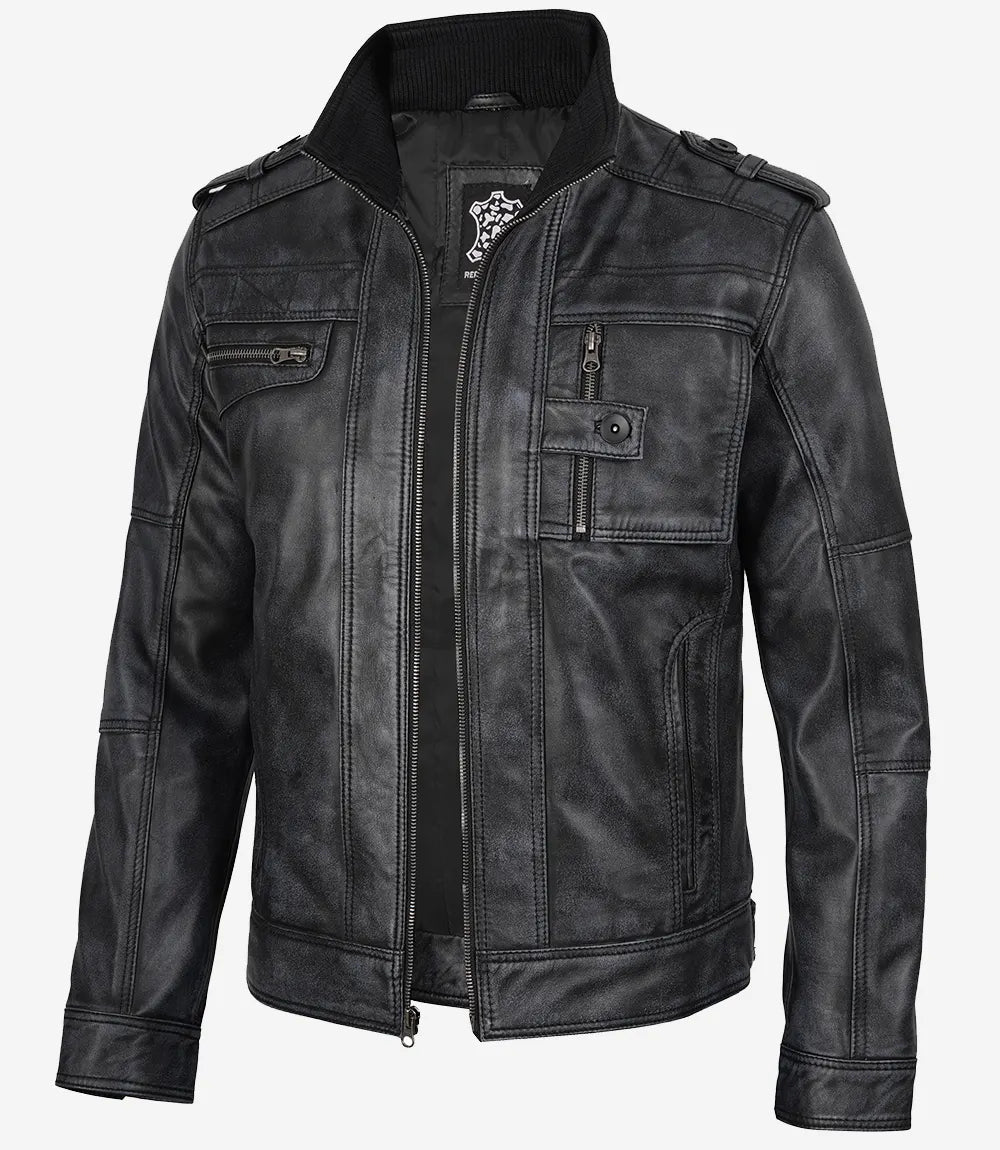 Tavares Veste De Motard En Cuir Noir Vieilli Pour Homme