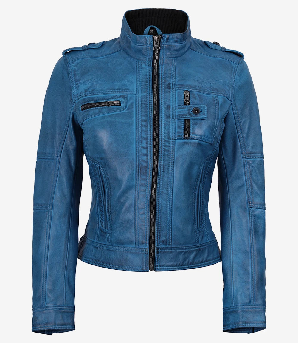 Veste en cuir bleu vieilli pour femme