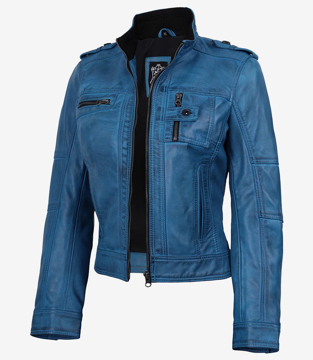 Tavares Veste motard en cuir bleu vieilli pour femme