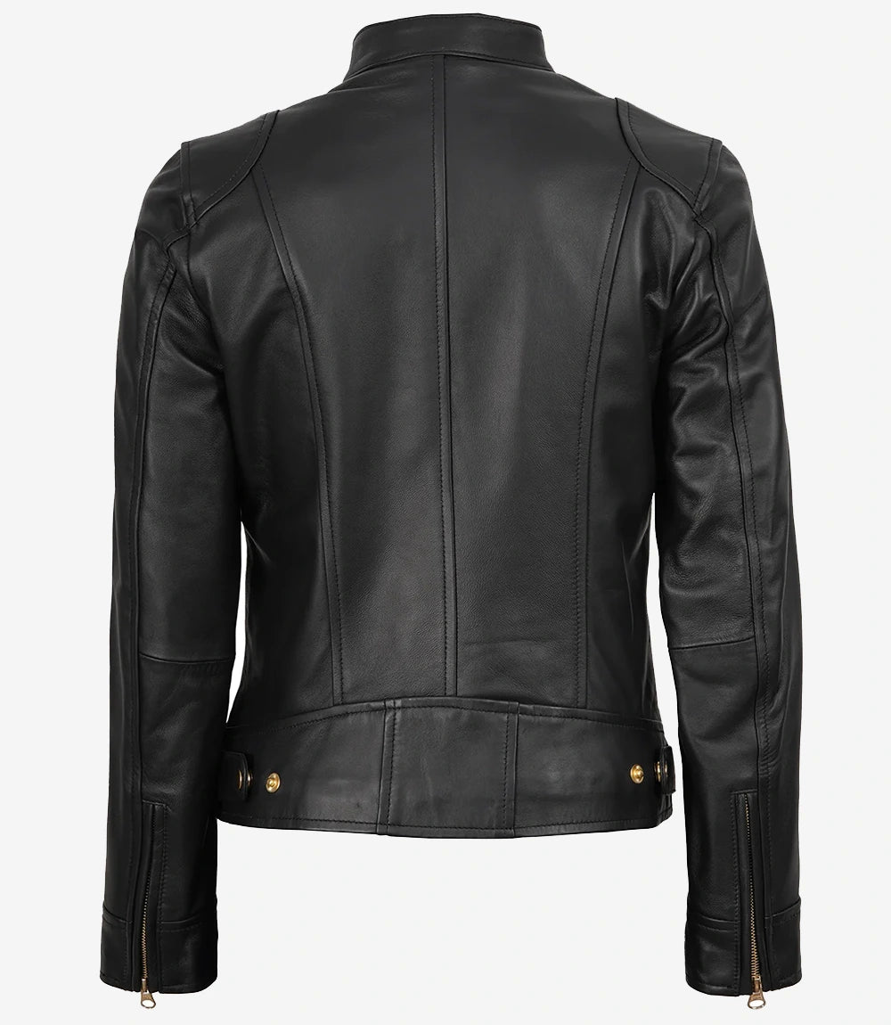Veste En Cuir Noir Pour Femme Avec Détails Dorés
