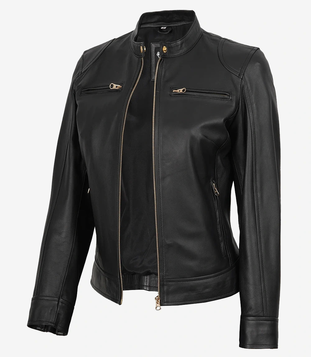 Veste Biker En Cuir Noir Pour Femme Avec Détails Dorés