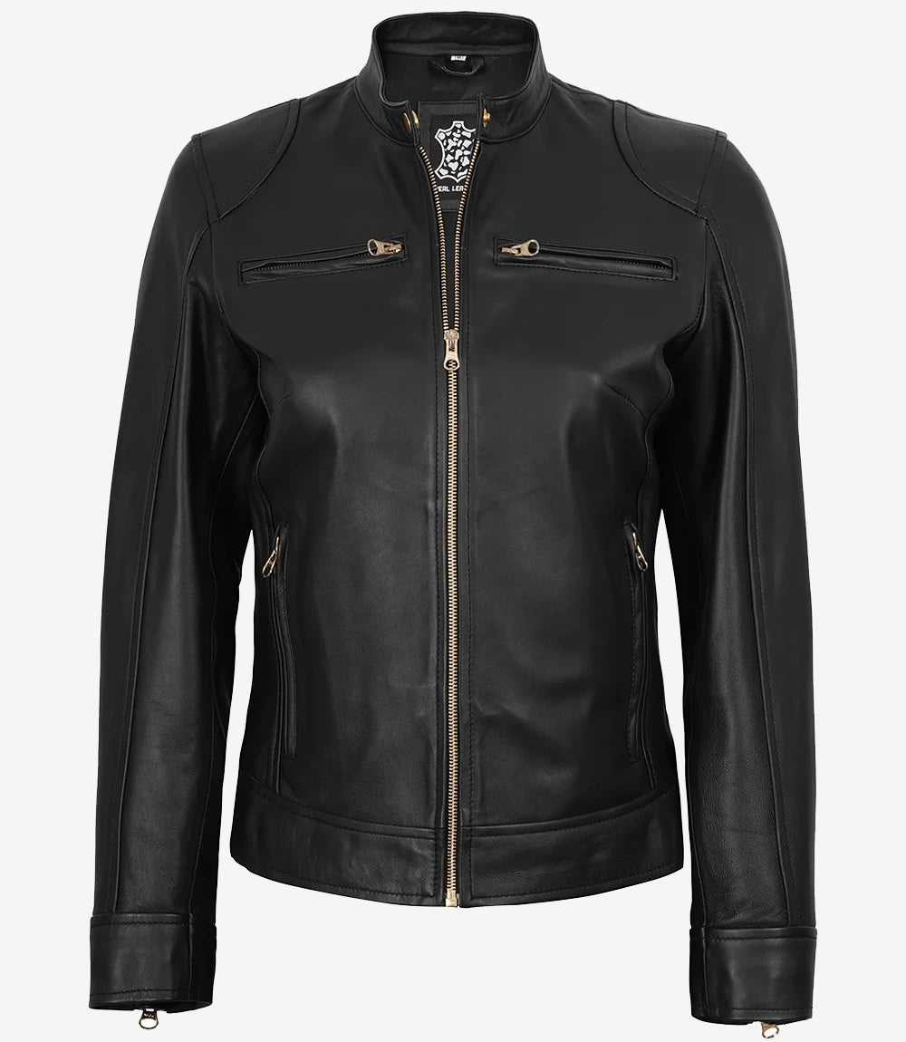 Veste En Cuir Noir Femme Avec Détails Dorés