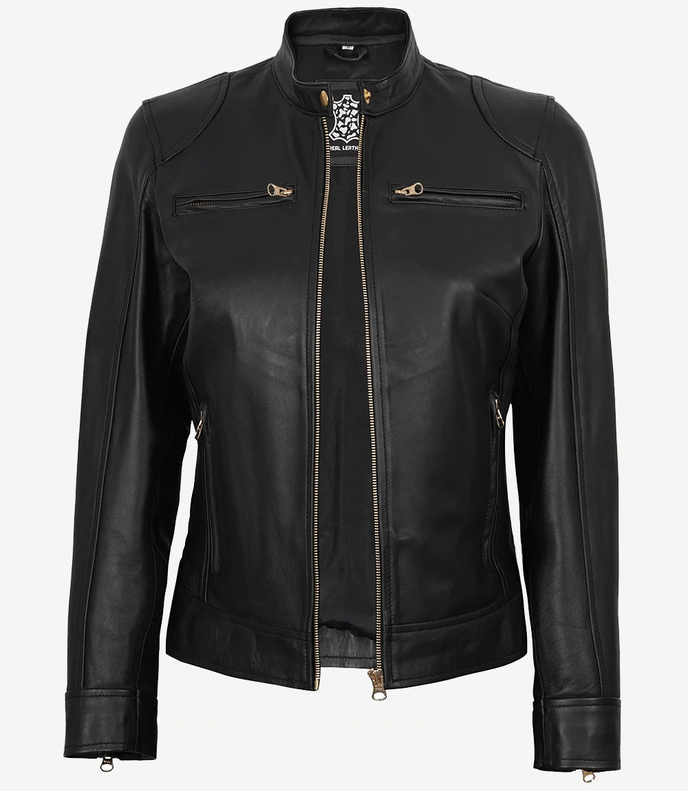 Veste Biker En Cuir Noir Pour Femme