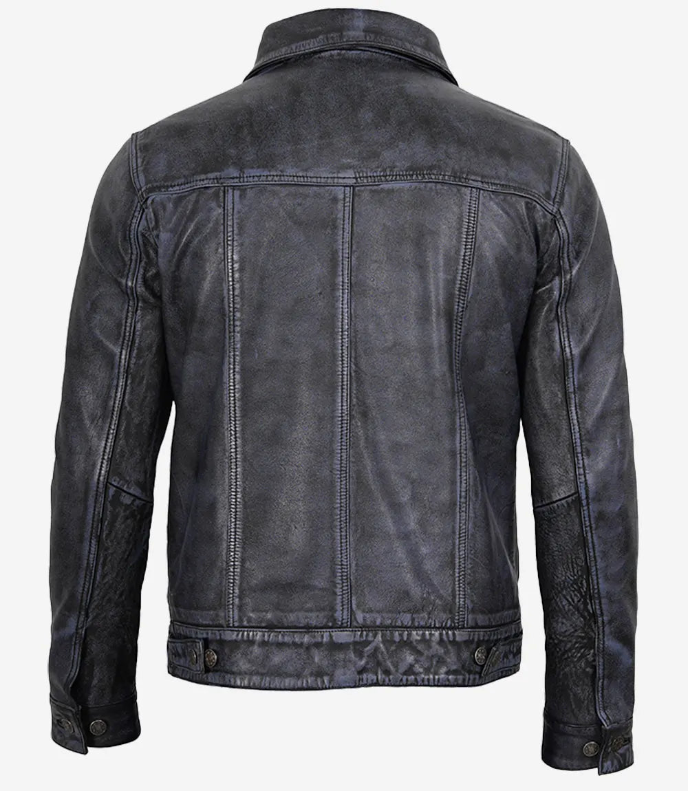 Veste En Cuir Véritable Noir Délavé Pour Homme