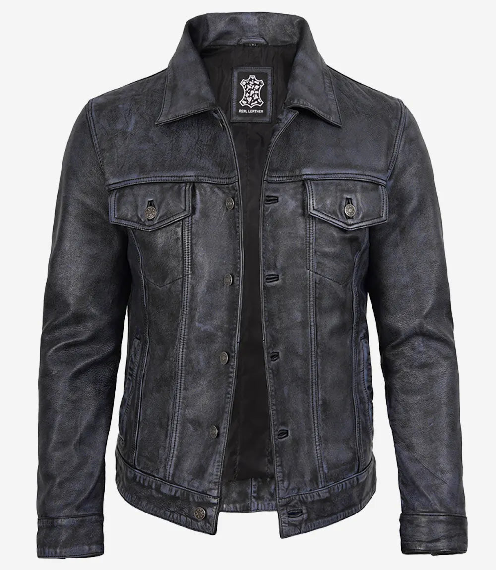 Veste Trucker En Cuir Véritable Noir
