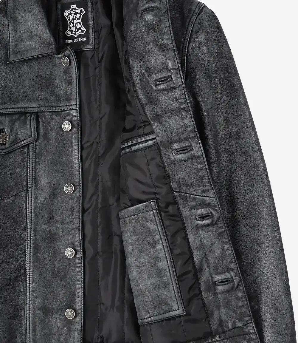 Veste Trucker En Cuir Véritable Noir Délavé Pour Homme