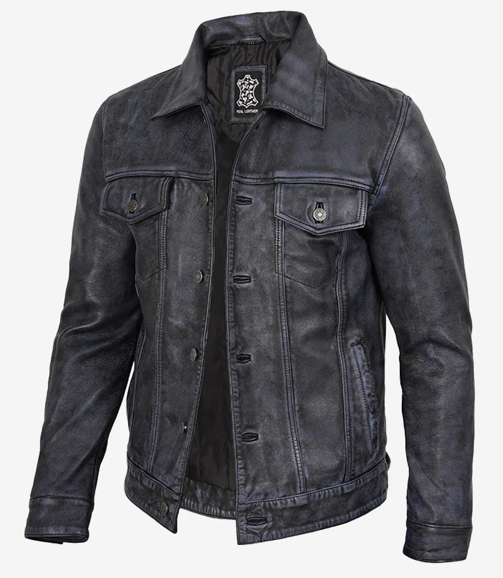 Veste Trucker En Cuir Véritable Noir Délavé Pour Homme