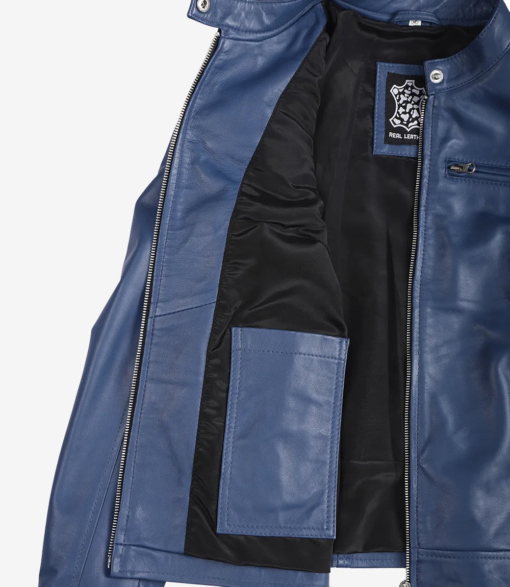 Veste De Moto En Cuir Bleu Cafe Racer Femme