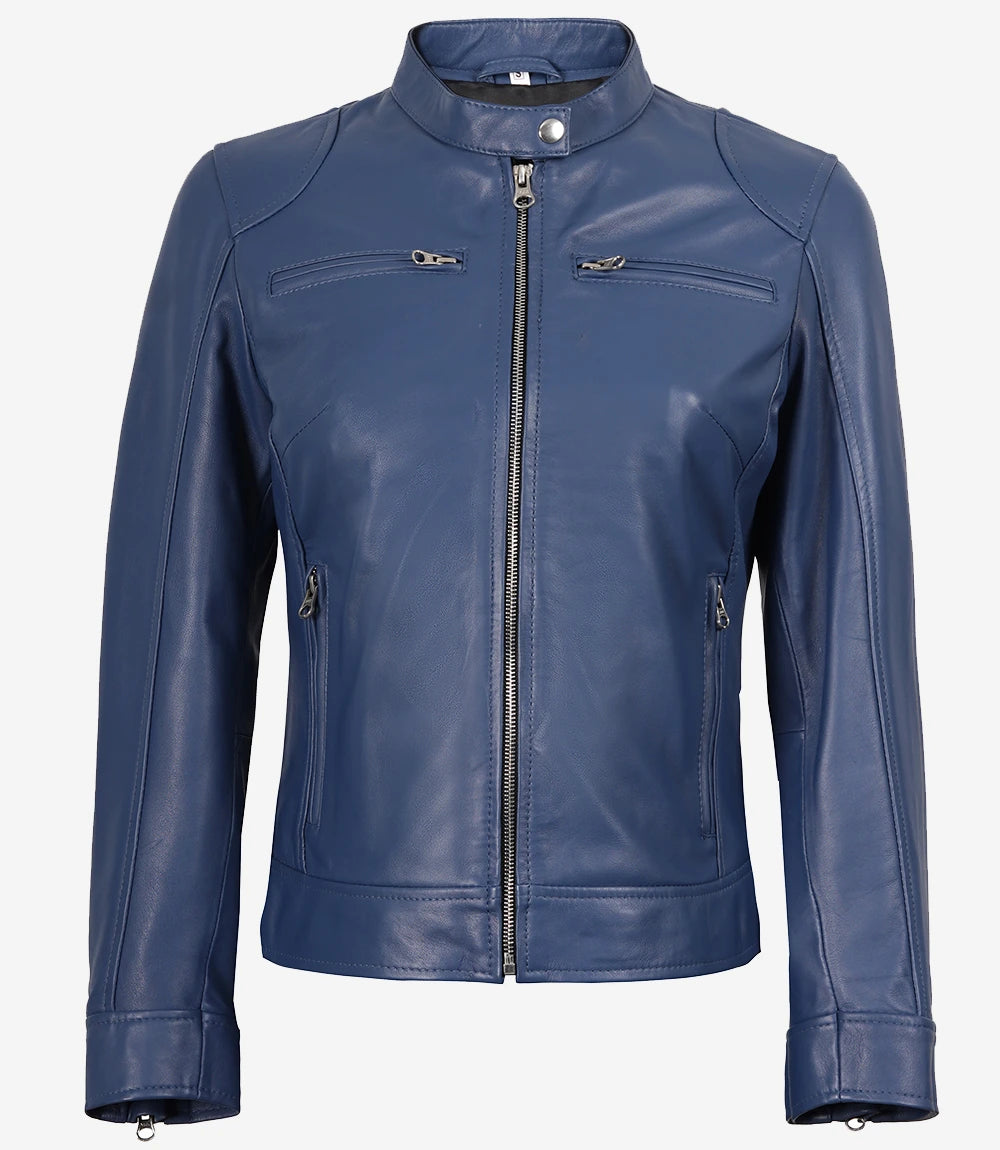 Dodge Veste De Moto En Cuir Bleu Cafe Racer Pour Femme