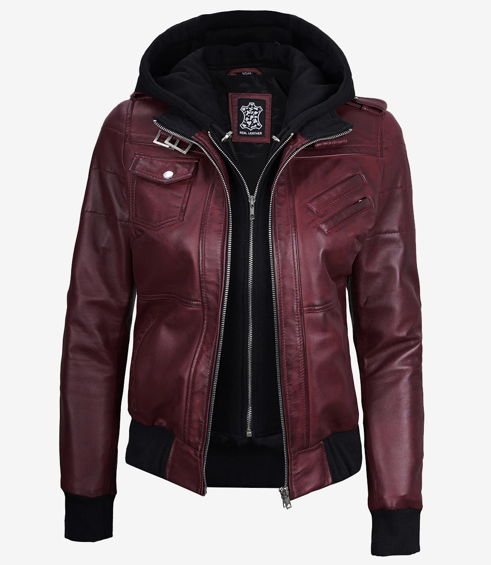 Veste En Cuir Bordeaux Avec Capuche Amovible