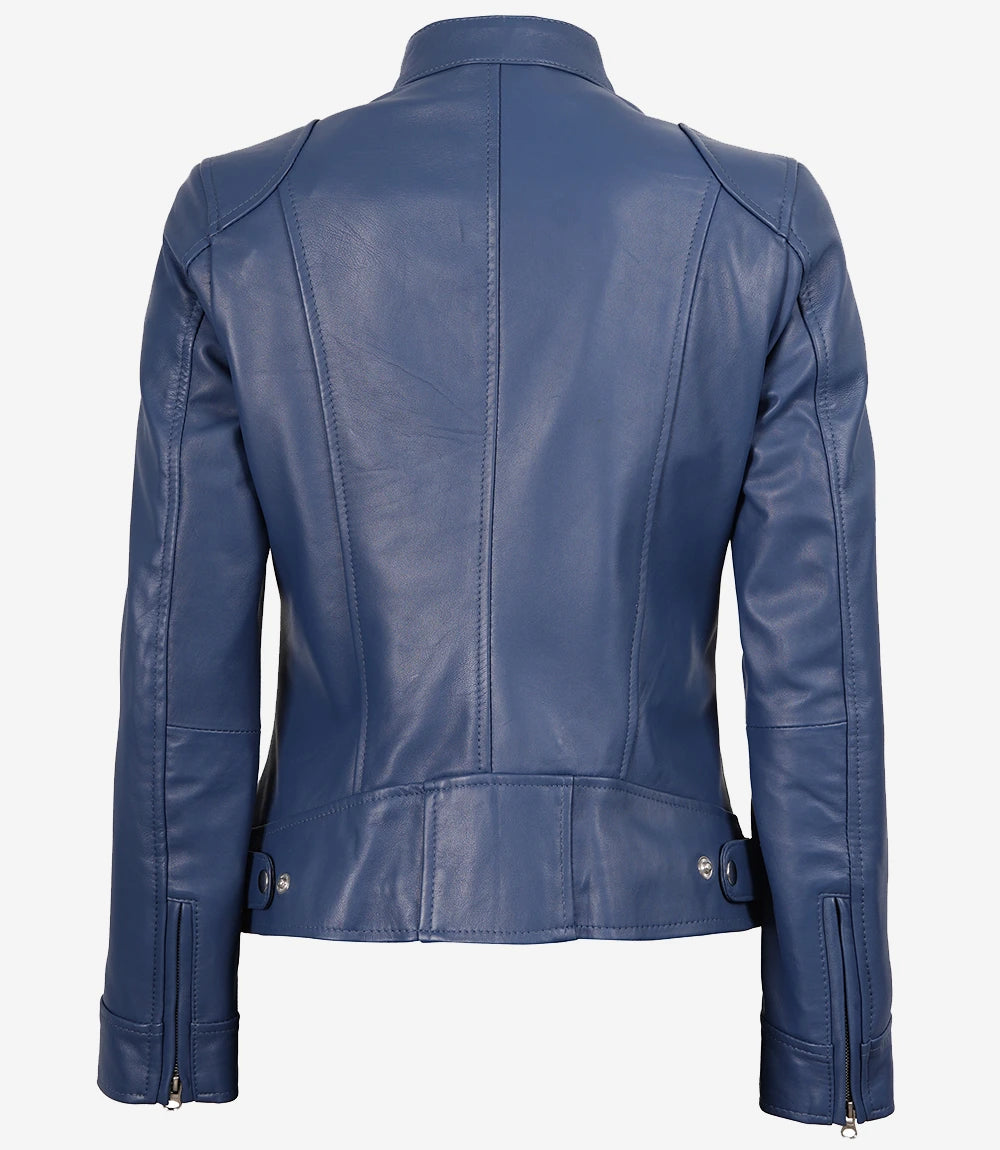 Veste De Moto En Cuir Bleu Cafe Racer
