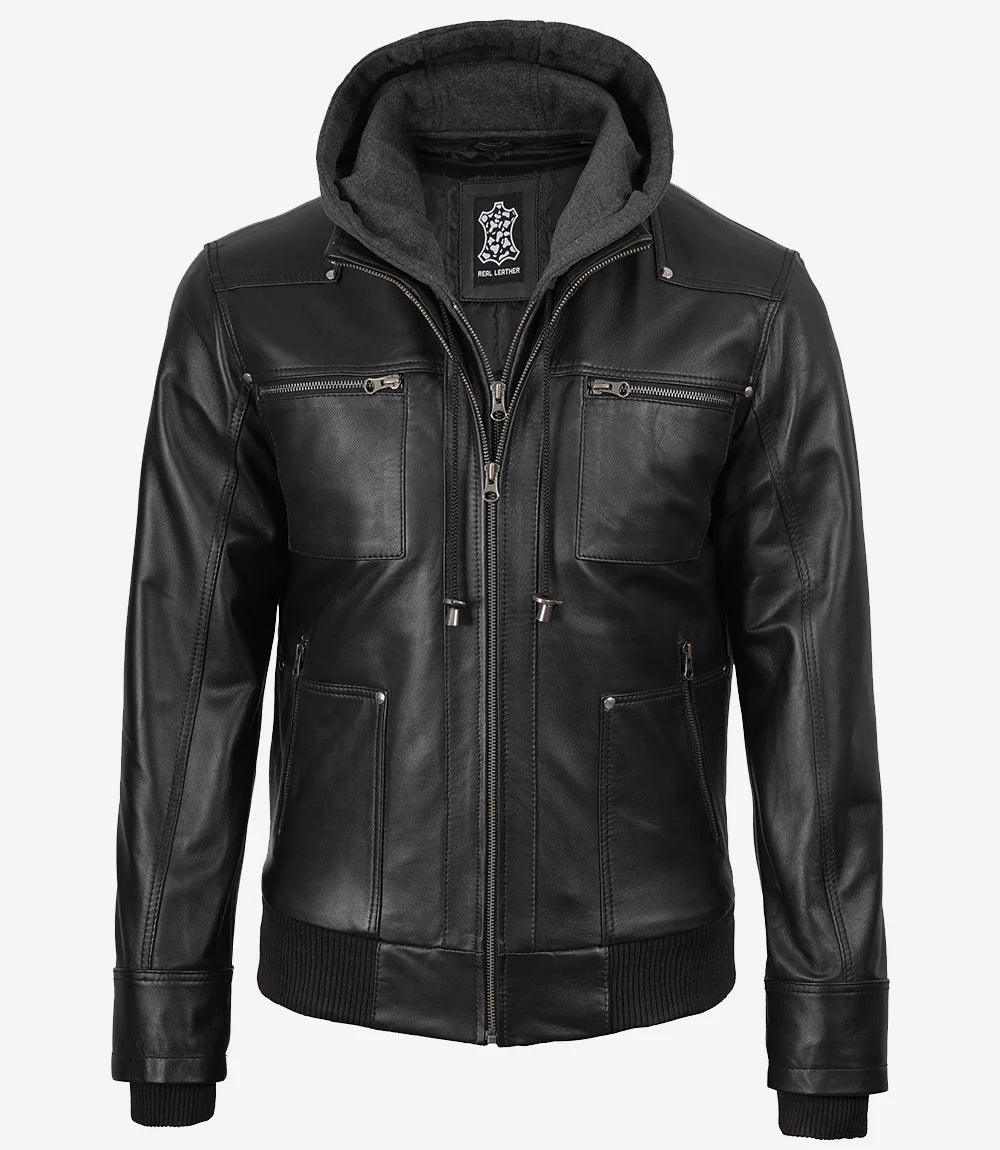 Veste En Cuir Noir Pour Homme Avec Capuche Amovible