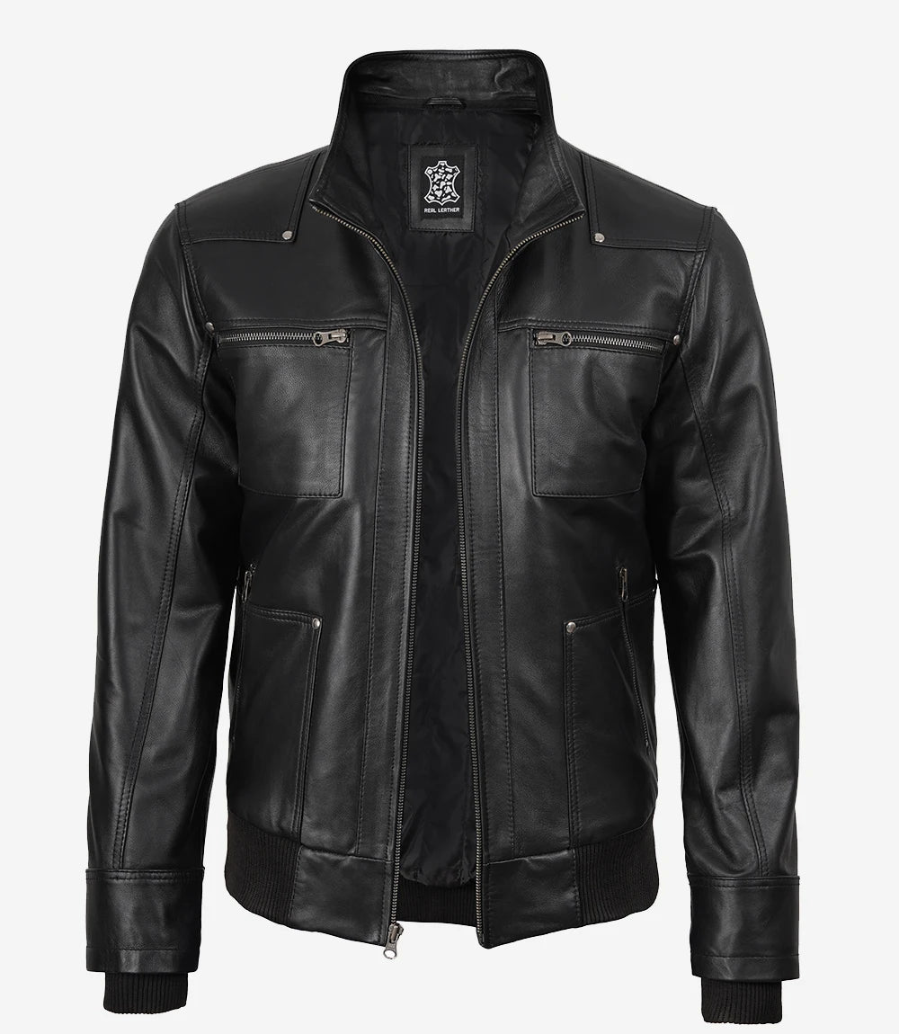 Veste En Cuir Bomber Noir Pour Homme