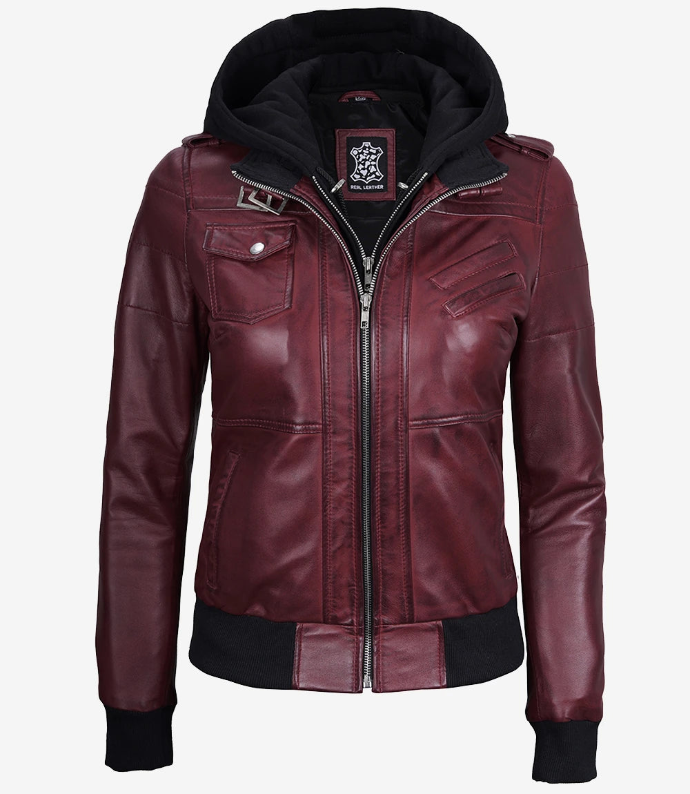 Veste En Cuir Bordeaux Avec Capuche Amovible Pour Femme
