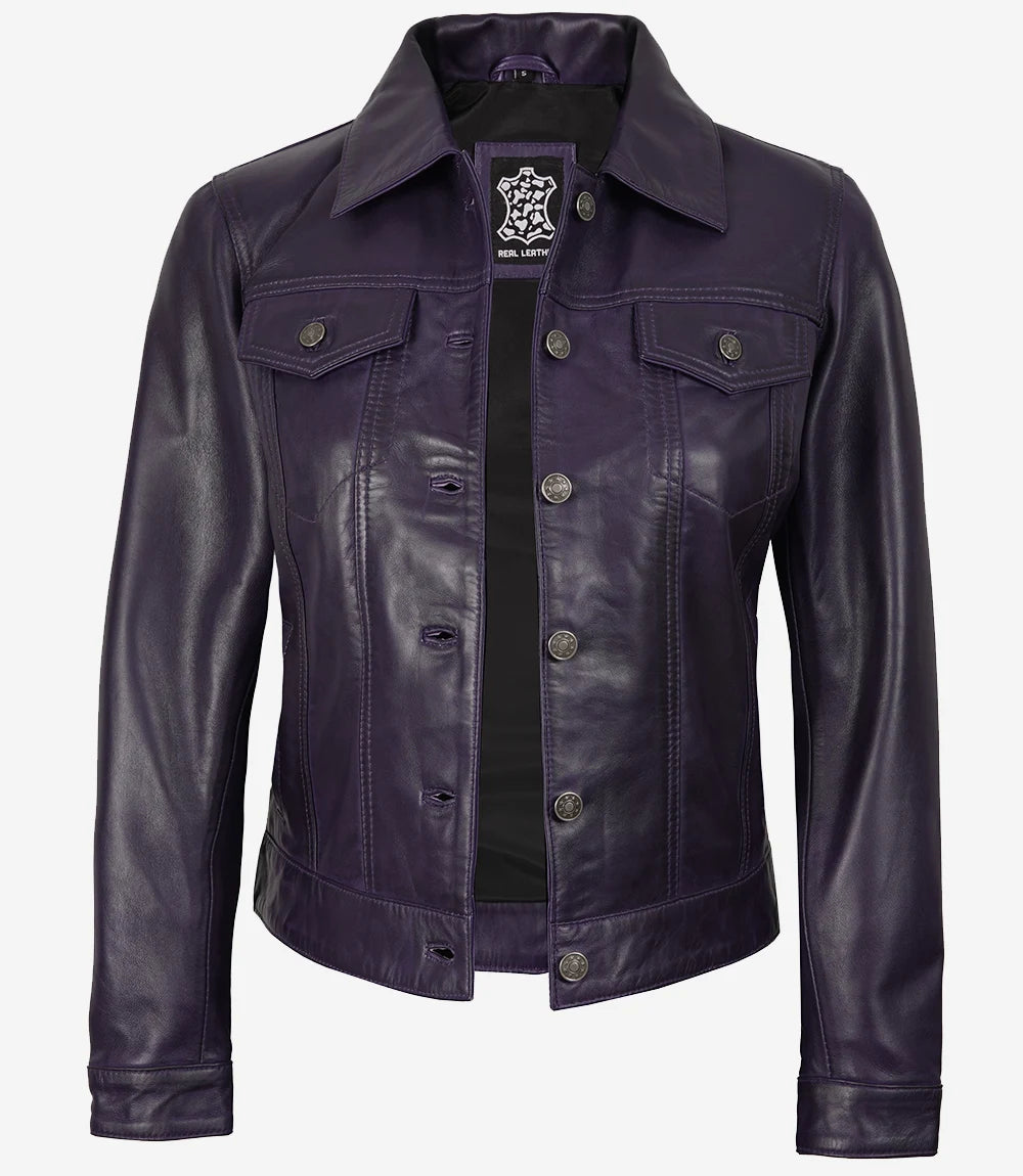 Veste en cuir violet pour femme