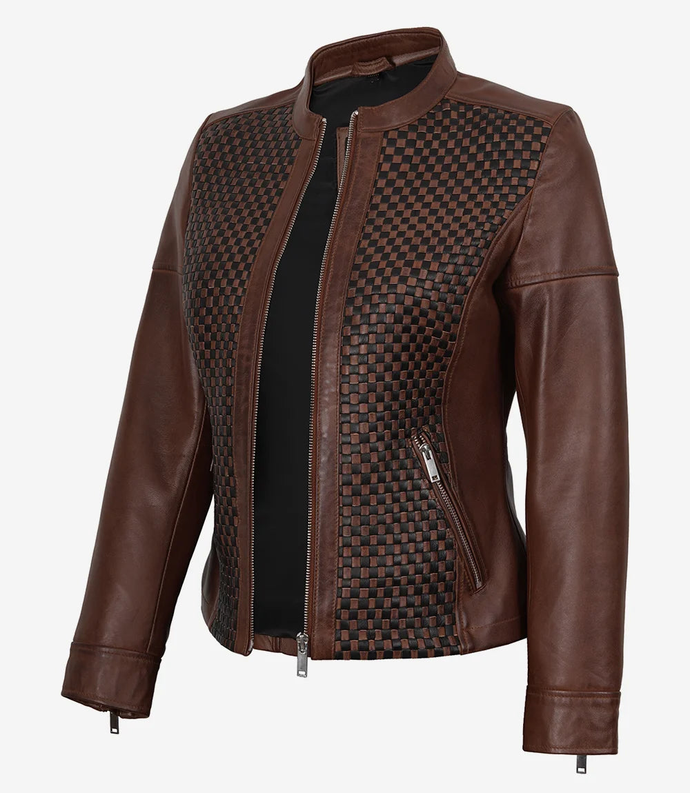 Veste de motard en cuir texturé marron Maude pour femme