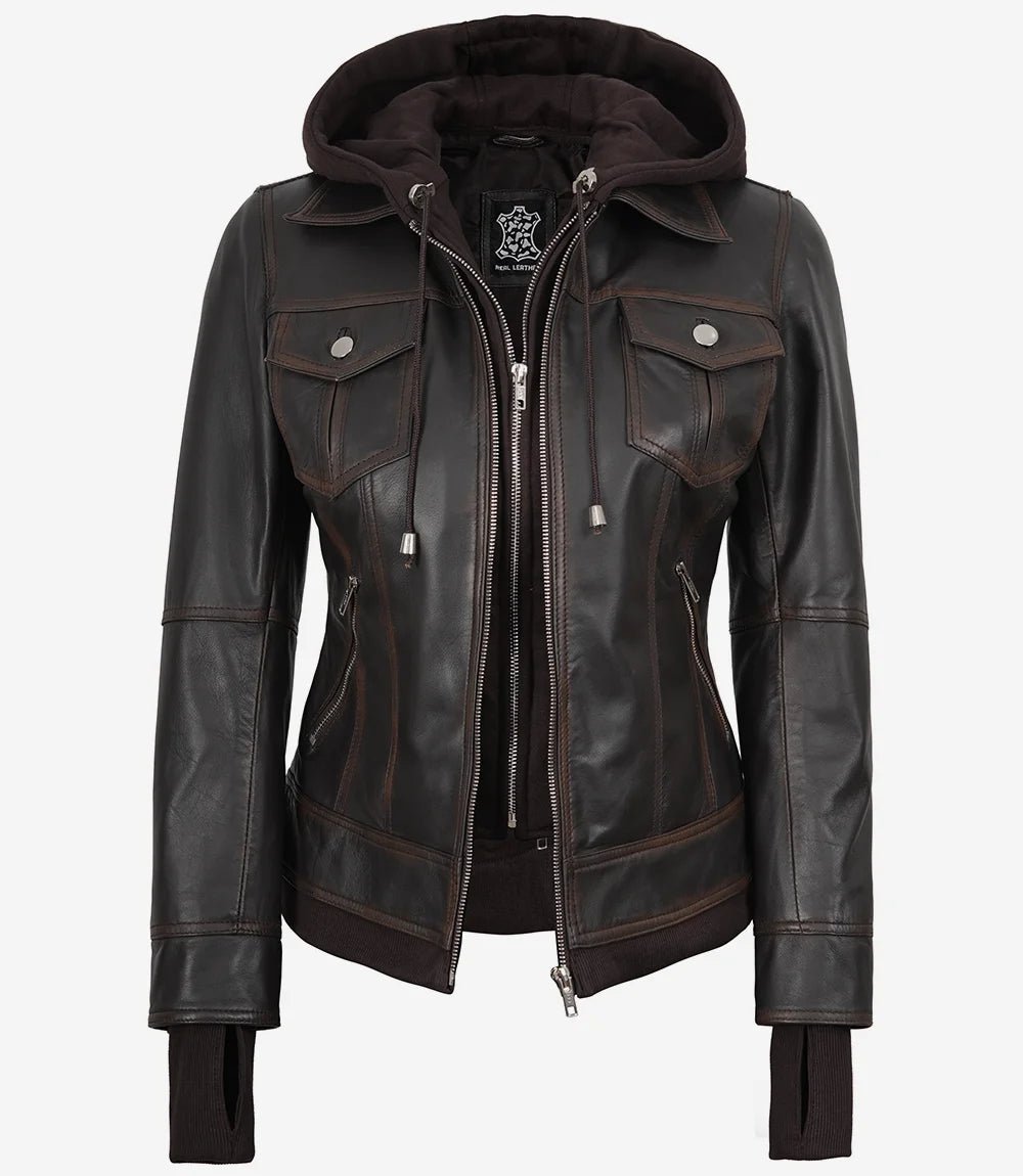 Tralee Blouson Aviateur En Cuir Marron Foncé Pour Femme Avec Capuche