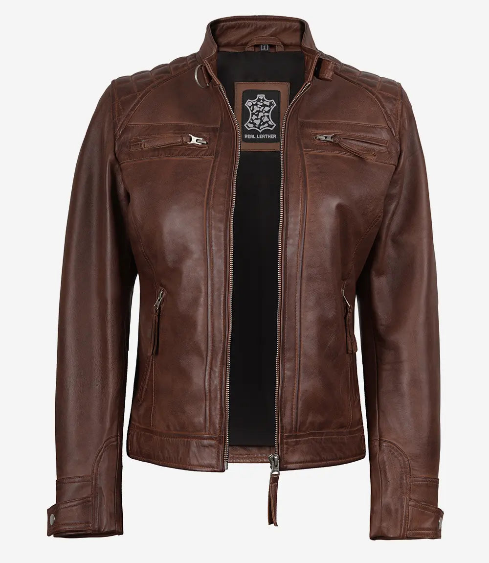 Johnson Blouson Matelassé Café Racer En Cuir Cognac Pour Femme
