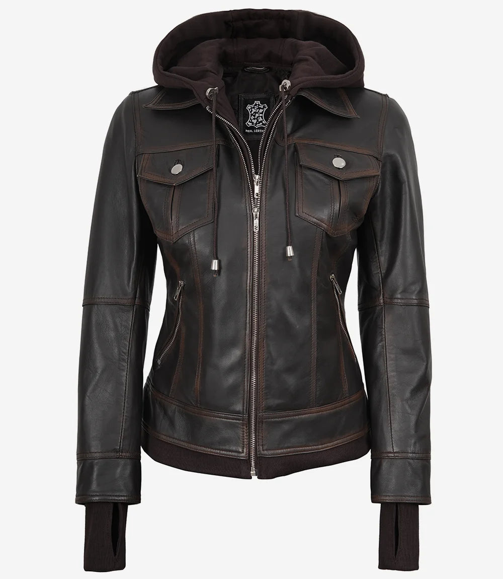 Veste en cuir pour femme avec capuche