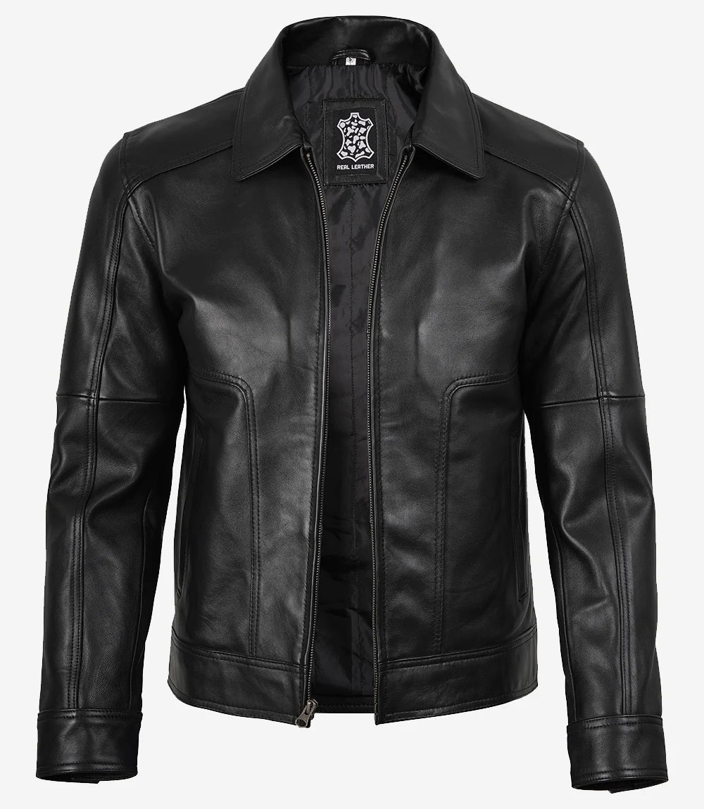Veste en cuir véritable vintage noire