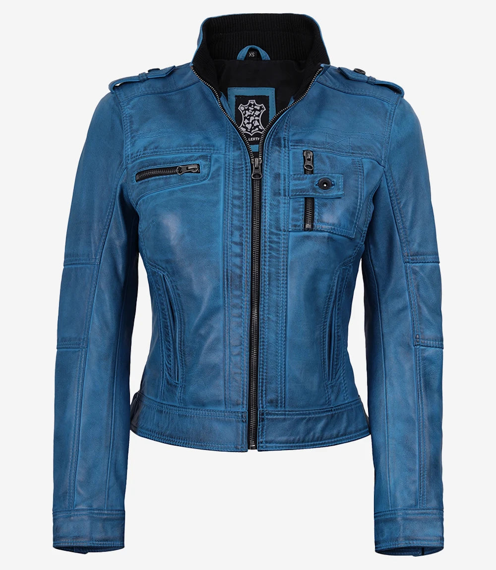 Tavares Veste motard en cuir bleu vieilli femme