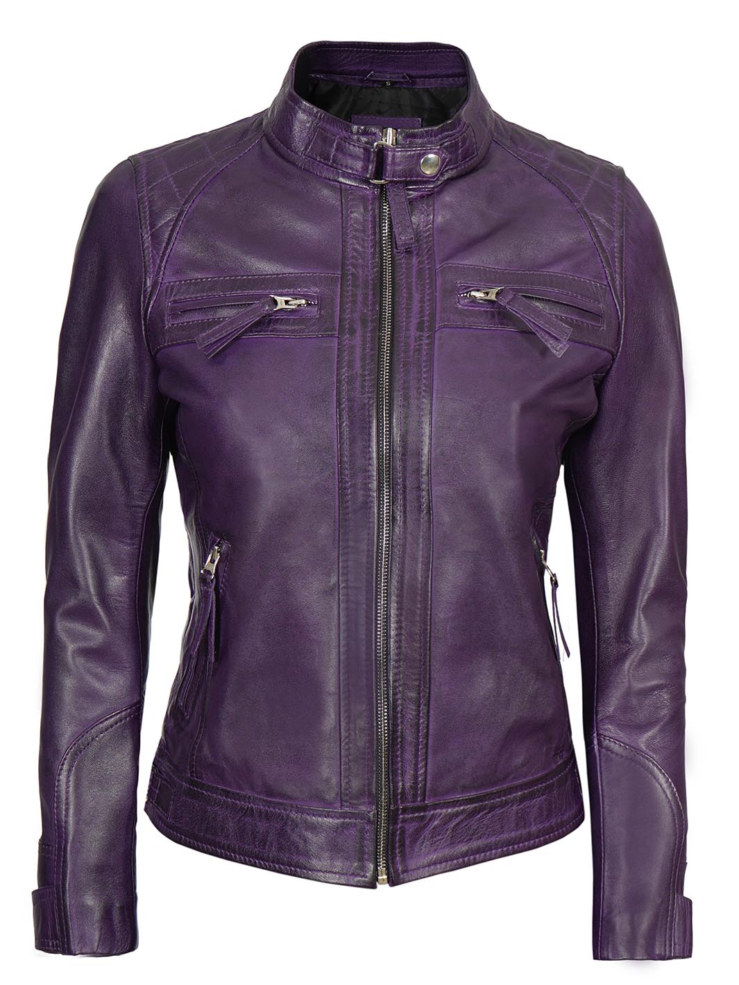 Veste en cuir violet matelassée pour femme