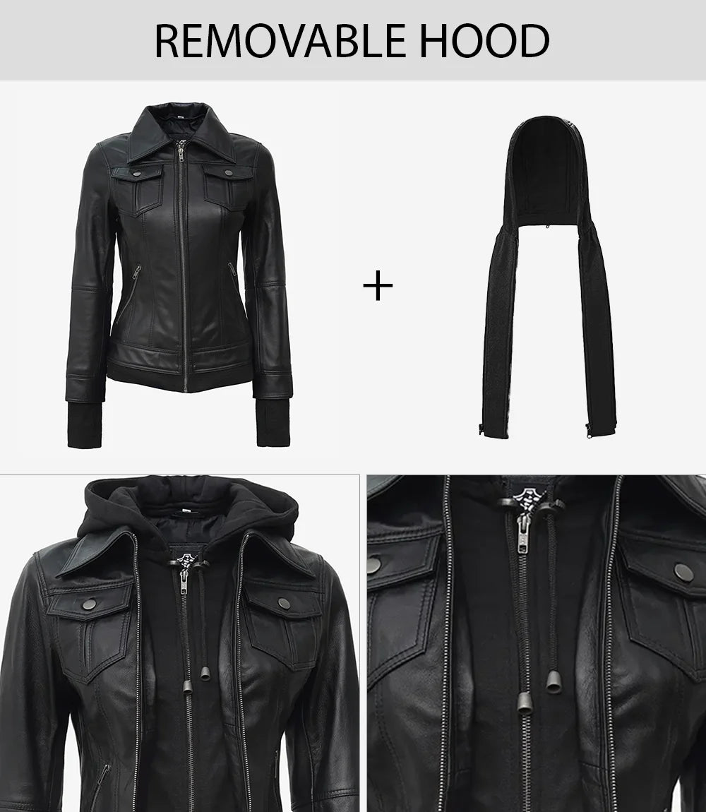 Veste De Moto En Cuir Noir Avec Capuche Pour Femme