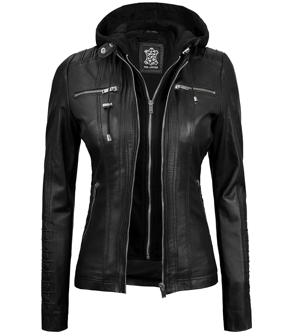 Veste en cuir à capuche noire