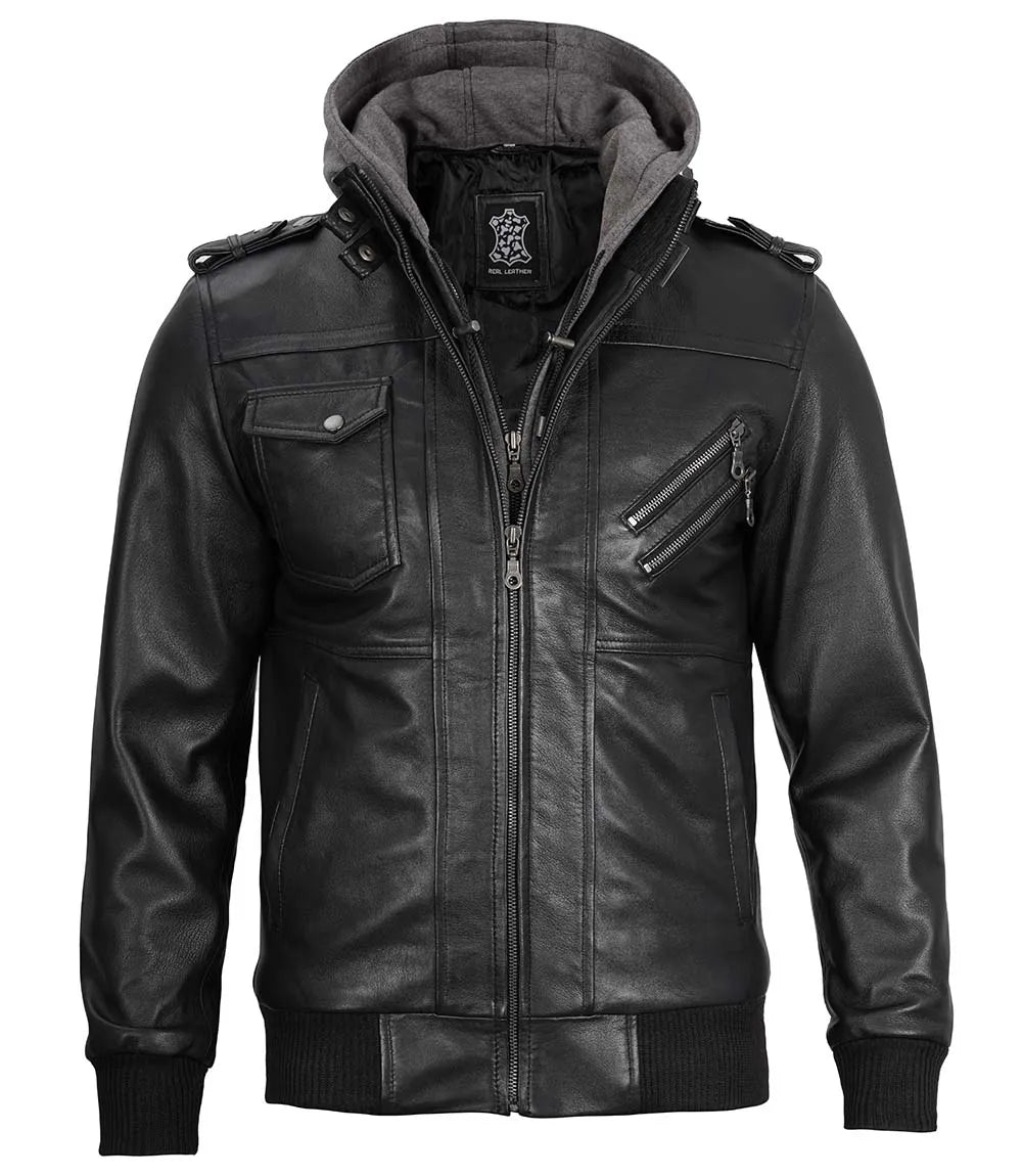 veste à capuche en cuir noir