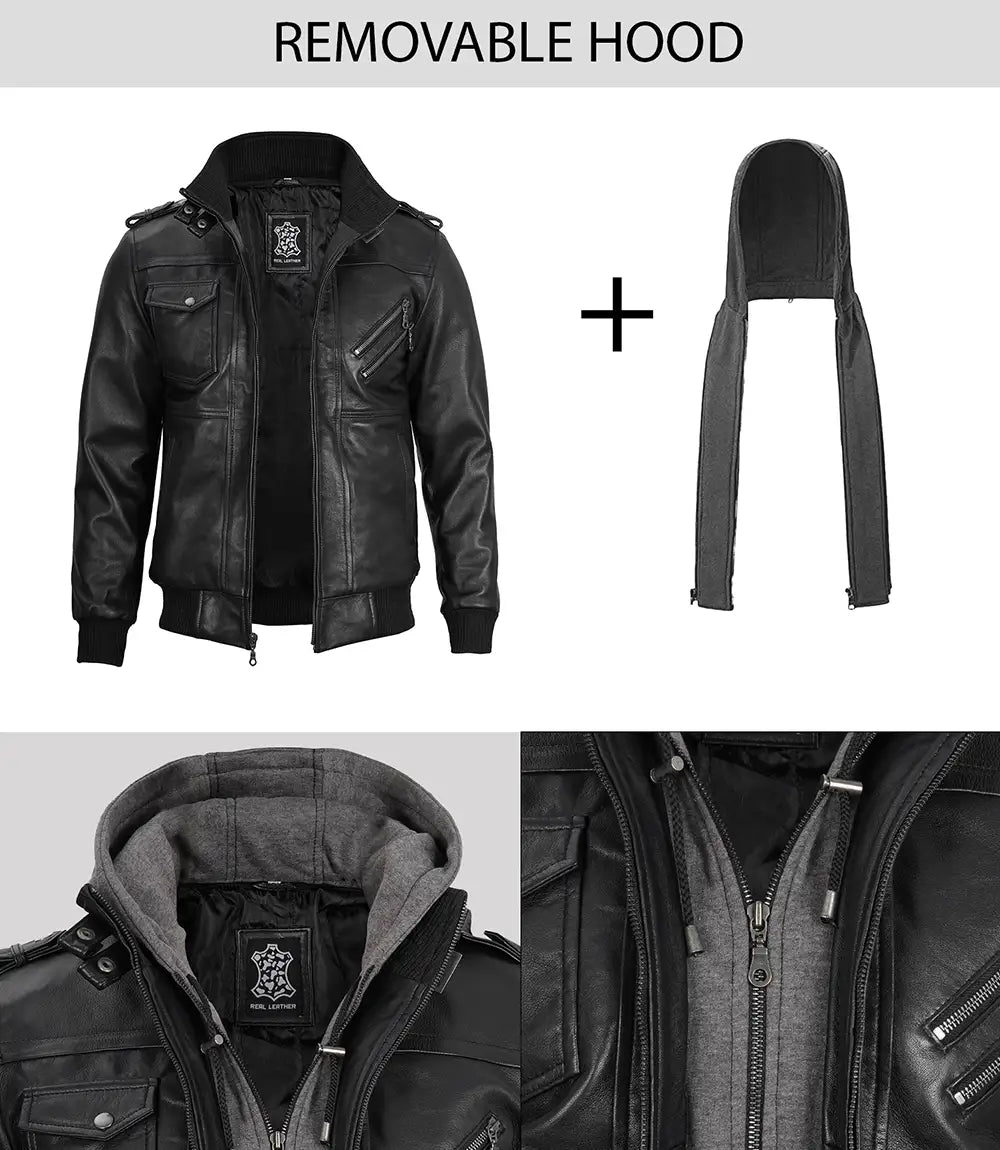 veste en cuir noir avec capuche amovible