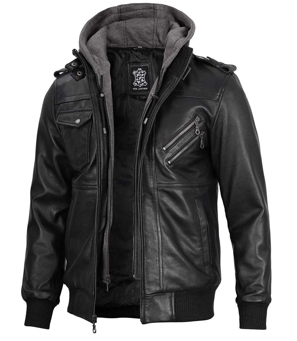 veste à capuche en cuir noir