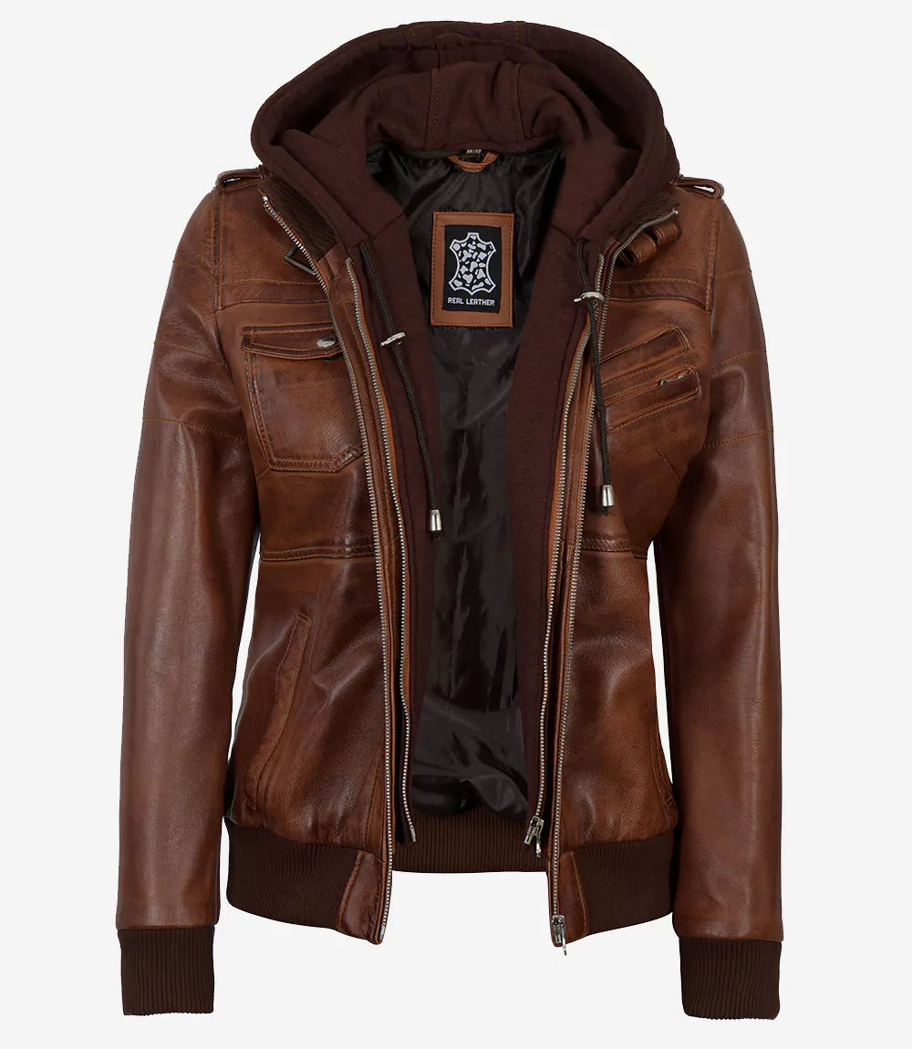Veste en cuir à capuche pour femme
