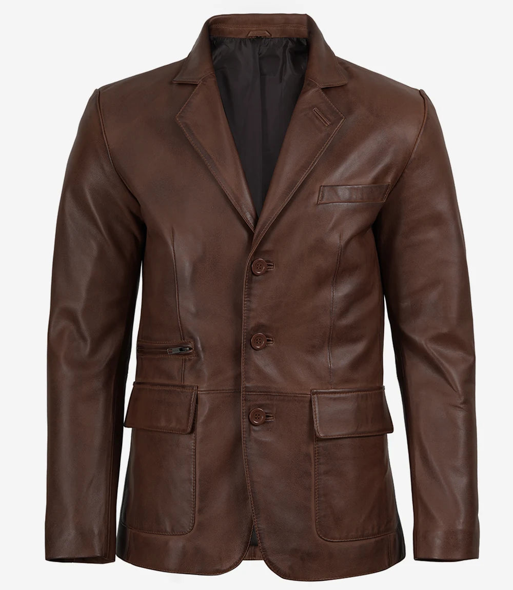 Hommes Cognac Cuir Blazer