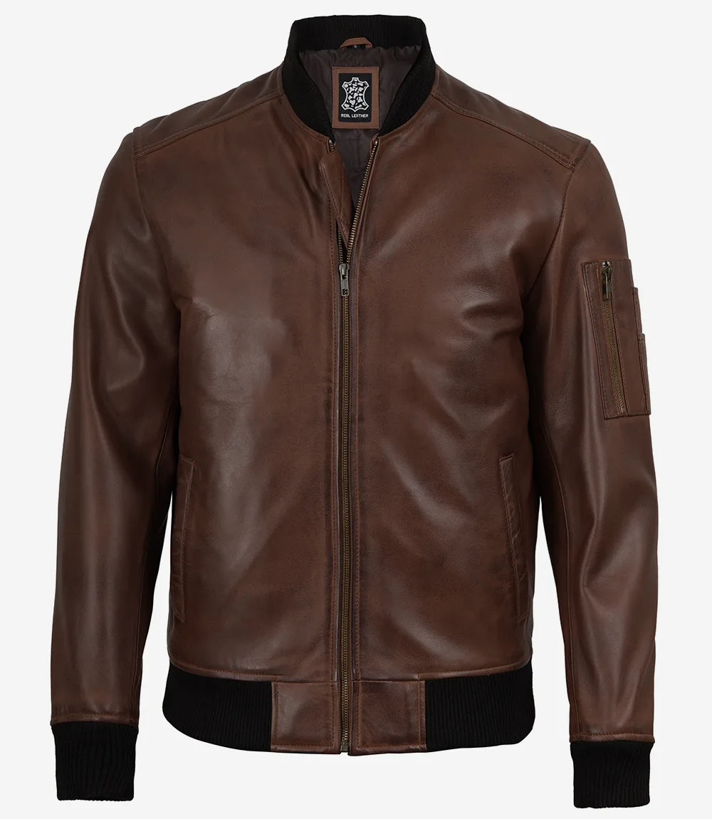 Blouson Aviateur Bomber en Cuir Marron Cognac Homme en Cuir