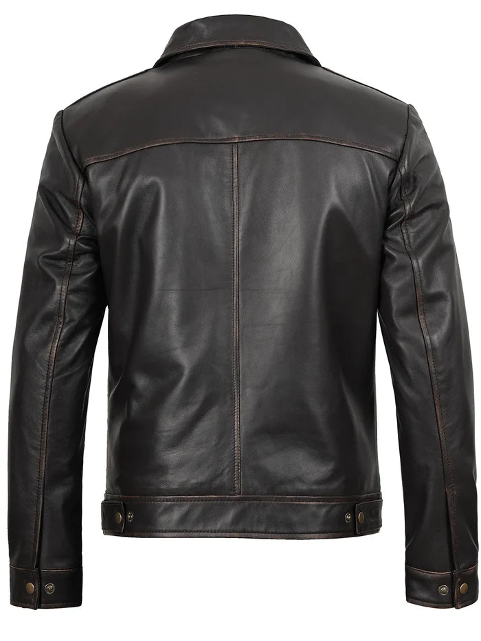 Veste De Moto En Cuir Marron Foncé Pour Homme