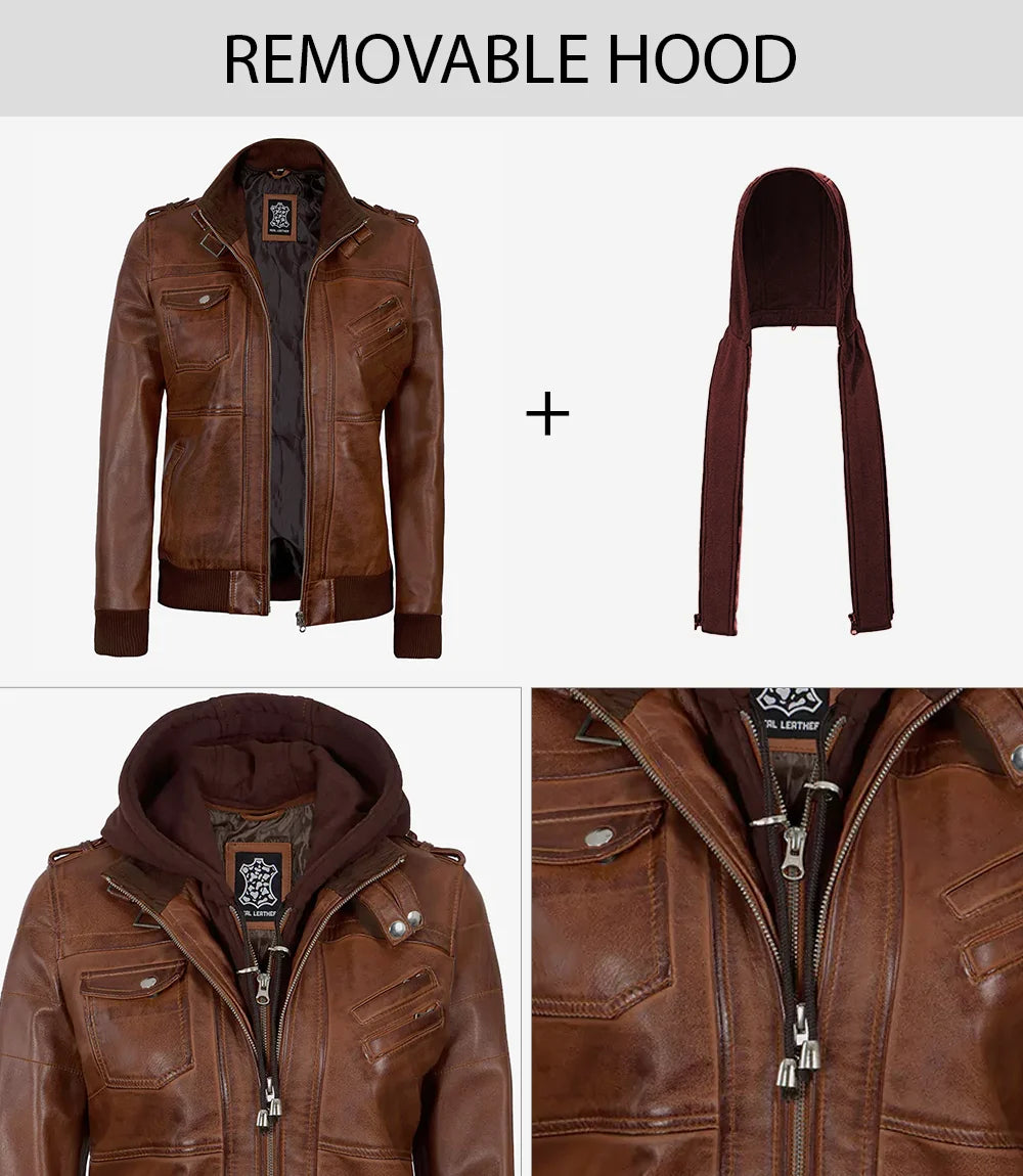 Veste en cuir à capuche pour femme