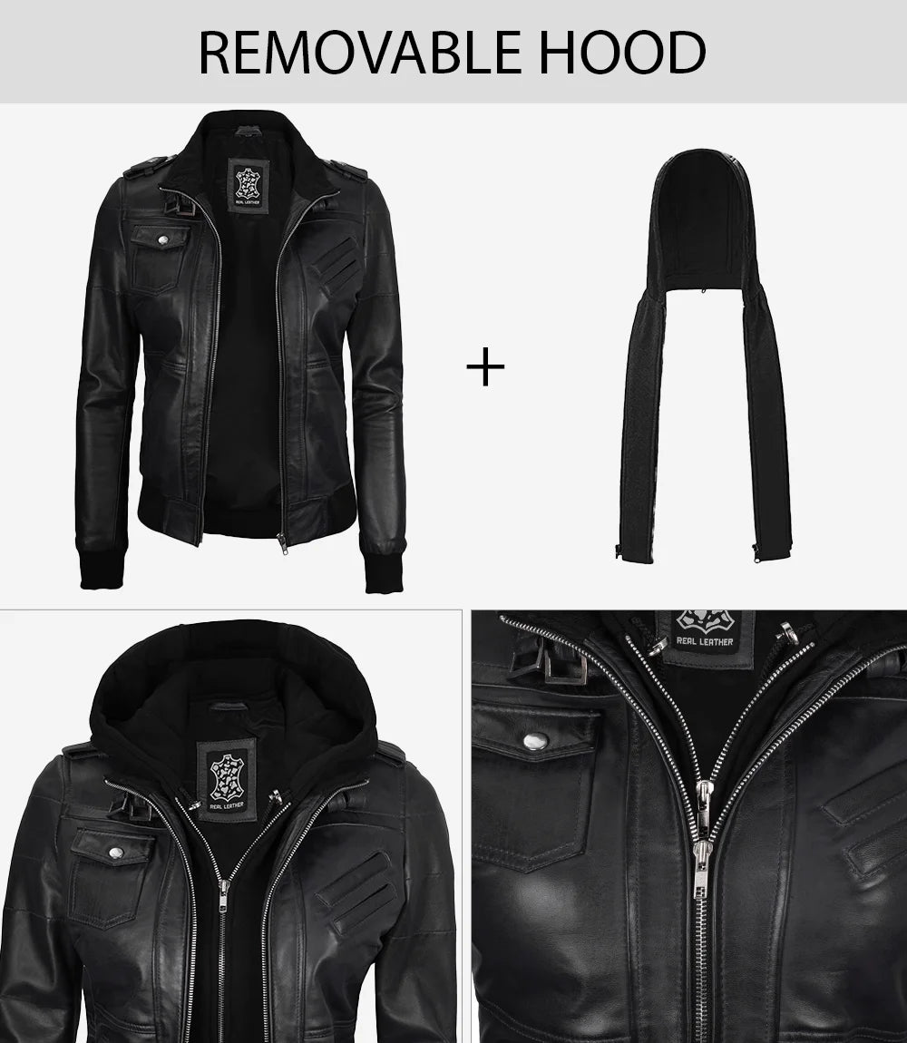 Edinburgh Blouson Aviateur En Cuir Noir Pour Femme Avec Capuche Amovible