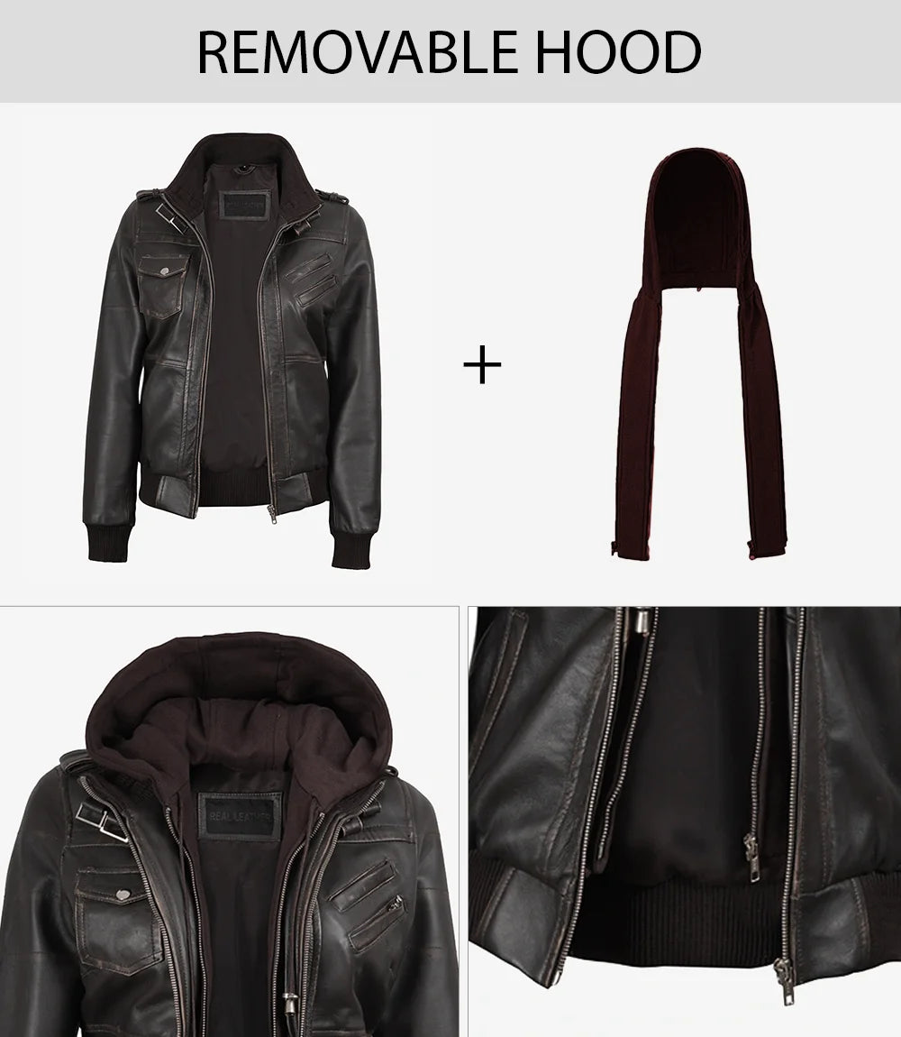 Veste en cuir à capuche pour femme