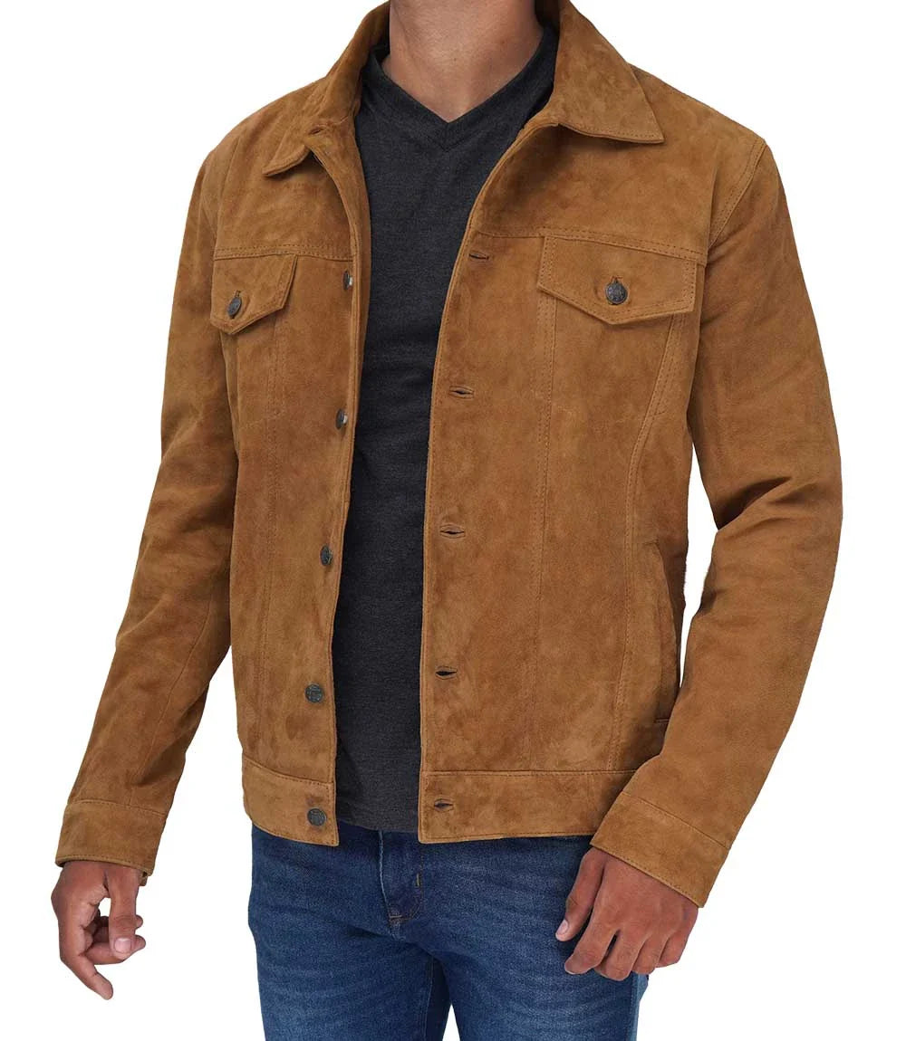 vestes en cuir suédé avec poche avant marron homme