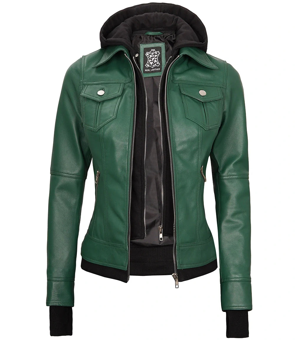 veste en cuir à capuche verte pour femme