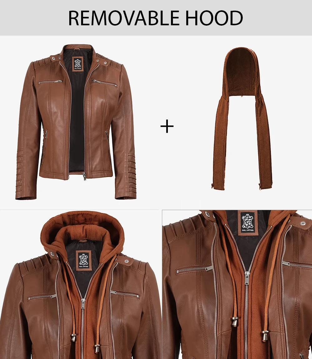 Veste en cuir à capuche amovible