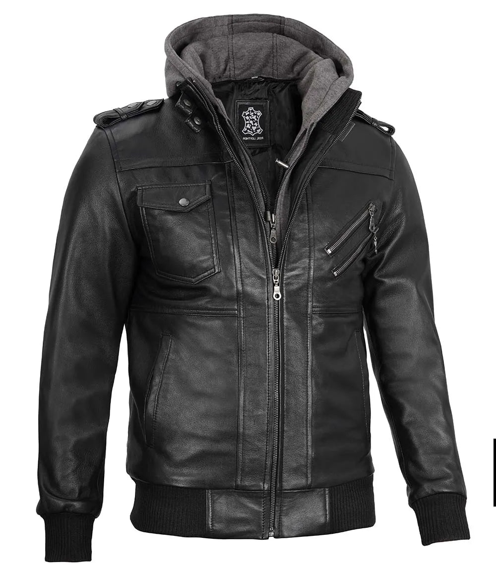 veste en cuir à capuche hommes