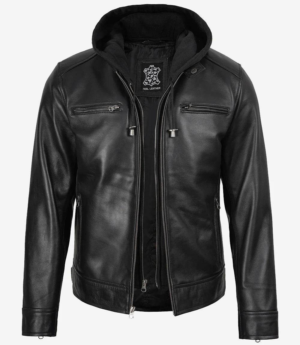 Veste en cuir noir avec capuche