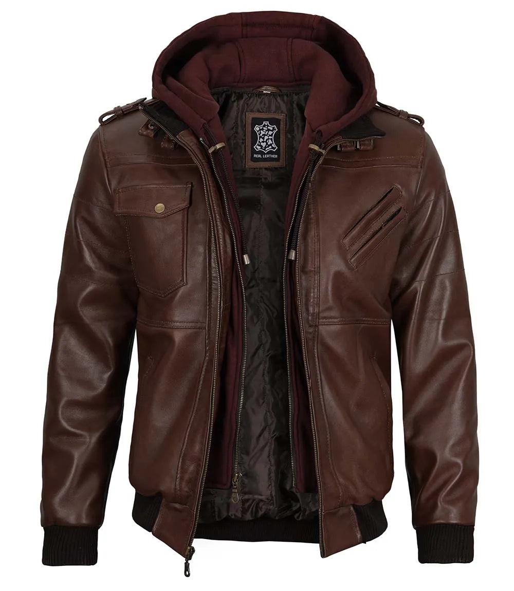 Veste en cuir à capuche pour hommes