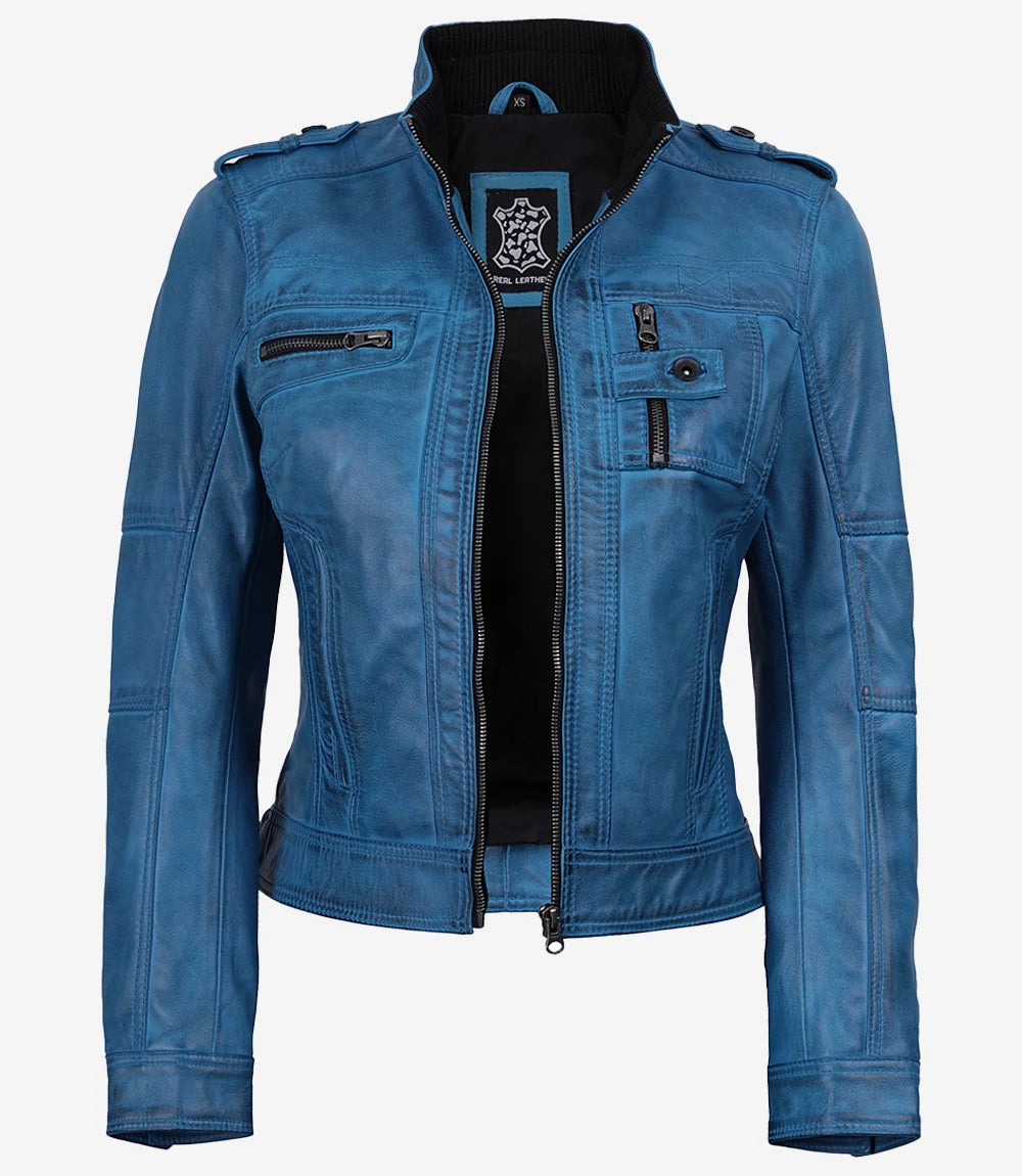 Tavares motard Veste en cuir bleu vieilli pour femme