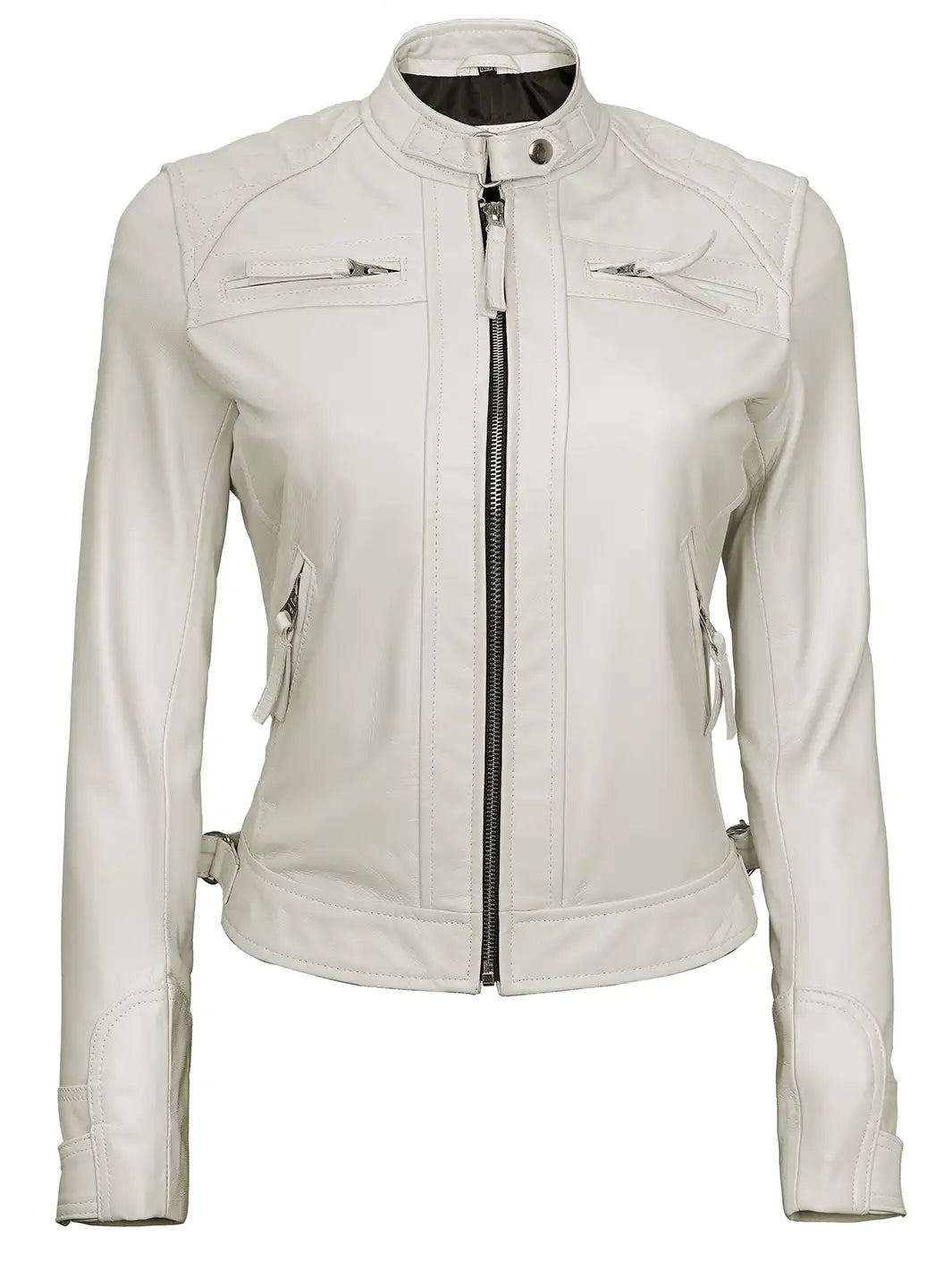 Veste biker en cuir femme blanc cassé